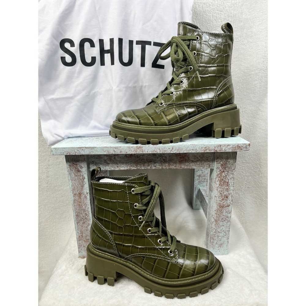 Schutz Orly Wide Croco Military Green Leather Lug Sole Lace‎ Up Boots 6B